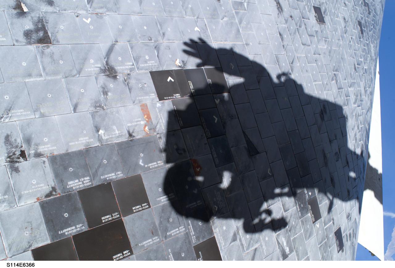 S114-E-6366 (3 August 2005) --- Space Shuttle Discovery&#0146;s underside is featured in this image photographed by astronaut Stephen K. Robinson, STS-114 mission specialist, during today&#0146;s extravehicular activities (EVA). Robinson&#0146;s shadow is visible on the thermal protection tiles.