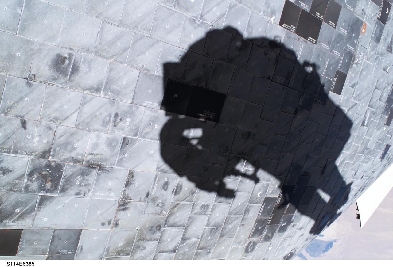 S114-E-6385 (3 August 2005) --- A close-up view of a portion of Space Shuttle Discovery’s underside is featured in this image photographed by astronaut Stephen K. Robinson, STS-114 mission specialist, during the mission’s third session of extravehicular activities (EVA). Robinson’s shadow is visible on the thermal protection tiles.