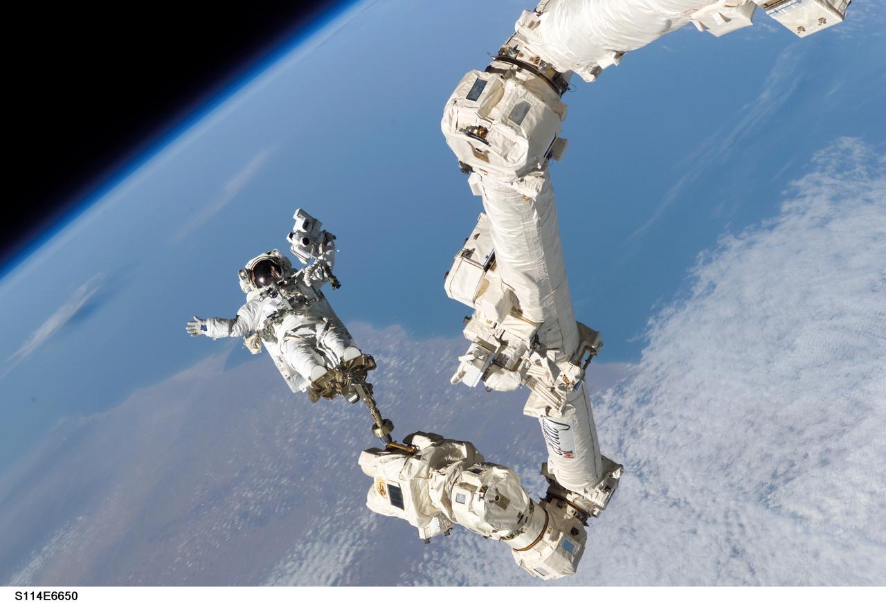 S114-E-6650 (3 August 2005) --- Astronaut Stephen K. Robinson, STS-114 mission specialist, anchored to a foot restraint on the International Space Station;s Canadarm2, participates in the mission;s third session of extravehicular activity (EVA). Robinson holds a digital still camera, updated for use on spacewalks, in his left hand.