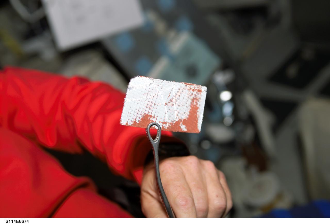 S114-E-6674 (4 August 2005) --- On Discovery's middeck, one of the STS-114 crew members holds a piece of the gap filler material that had been protruding from between TPS tiles and retrieved the day before by Mission Specialist Stephen K. Robinson, during the third spacewalk of the flight.  Robinson used his gloved fingers to pull out this gap filler and another one from Discovery's belly while carefully supported and maneuvered by the Canadian-built remote manipulator system, operated inside Discovery's cabin by astronauts Wendy B. Lawrence and James M. Kelly. Gap fillers like those Robinson removed are thin, coated Nextel fabric. The protruding gap fillers were identified in photos taken by Station crewmembers using telephoto lenses as Discovery did a slow back flip about 600 feet below before docking.