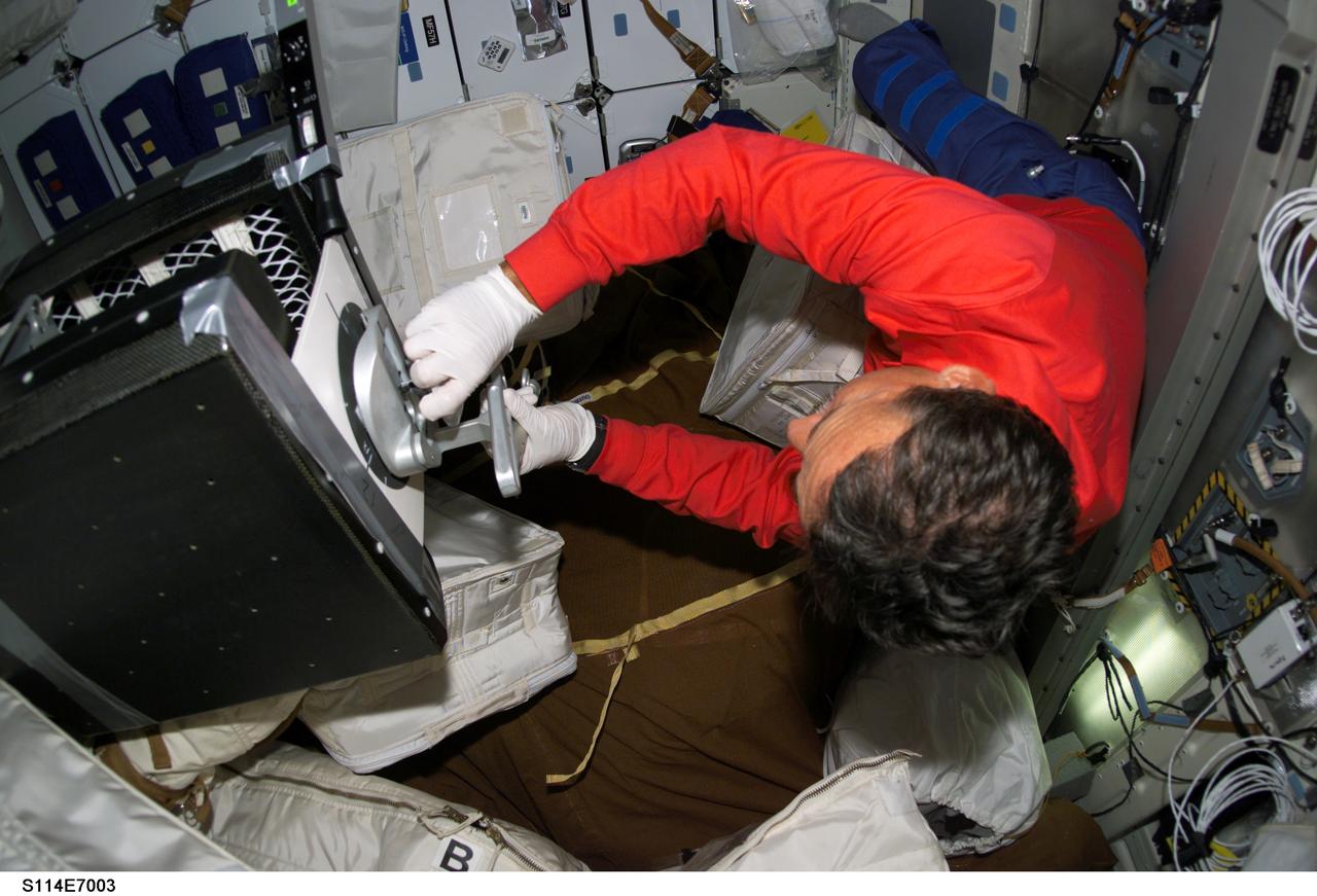 S114-E-7003 (4 August 2005) --- Astronaut Charles J. Camarda, STS-114 mission specialist, performs a middeck evaluation of the mechanical "plug" option for Reinforced Carbon-Carbon (RCC) repair aboard the Space Shuttle Discovery. Camarda used special pre-designated tools to accomplish the procedure, along with round thin, flexible 7-inch-diamter carbon-silicon cover plates designed to flex up to 0.25 inch to conform to the wing leading edge RCC panels, a hardware attachment mechanism similar to a toggle bolt and sealant.