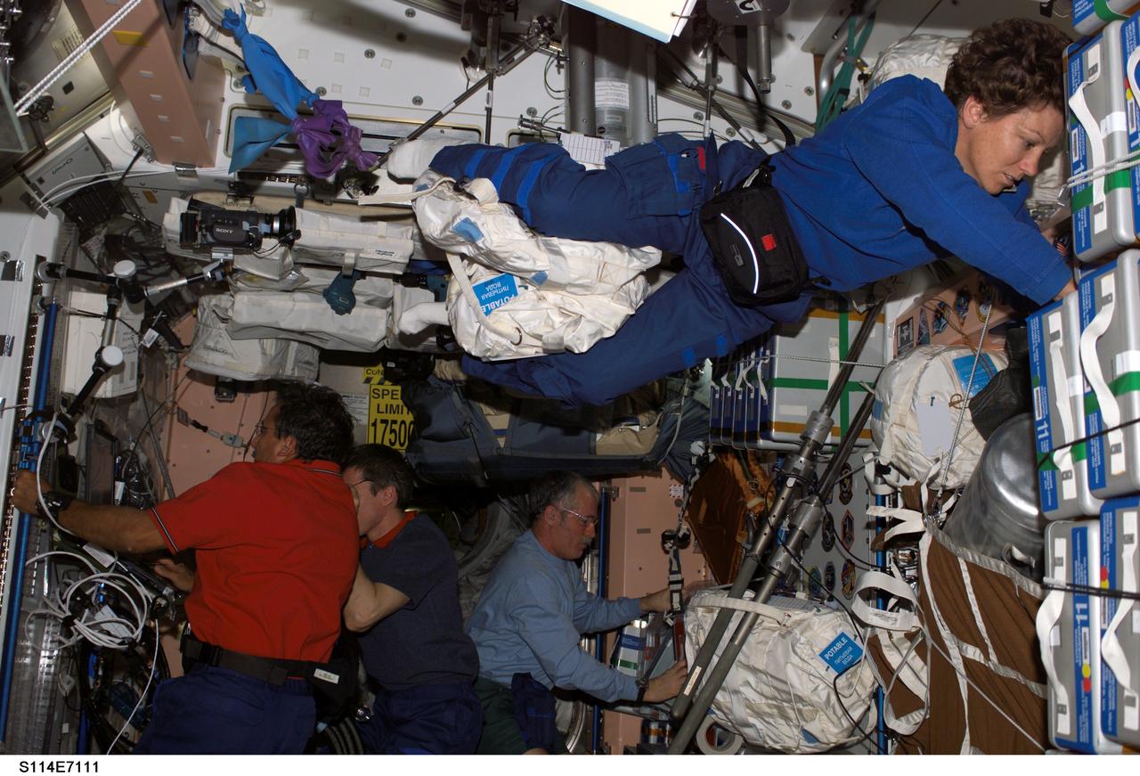 S114-E-7111 (5 August 2005) --- Crewmembers work on various tasks in the Unity node of the International Space Station. From the left are astronaut Charles J. Camarda, STS-114 mission specialist; cosmonaut Sergei K. Krikalev, Expedition 11 commander representing Russia's Federal Space Agency; astronaut John L. Phillips, Expedition 11 NASA Space Station science officer and flight engineer; and Eileen M. Collins, STS-114 commander.