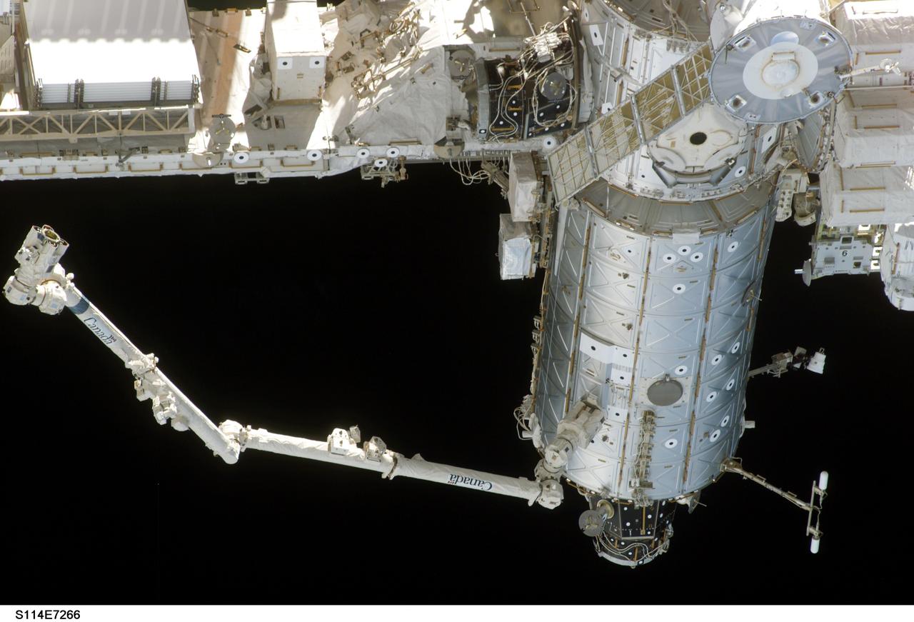 S114-E-7266 (6 August 2005) --- The Space Station Remote Manipulator System arm or Canadarm2 appears to be waving good bye to the Space Shuttle as the orbital outpost moves away from Discovery. Earlier, the crews of the two spacecraft concluded nine days of cooperative work. As the Shuttle moved away to a distance of about 400 feet, astronaut James M. Kelly, pilot, began a slow fly-around of the Station, while cameras on each spacecraft captured video and still images of the other. Undocking occurred at 2:24 a.m. (CDT), August 6, 2005.