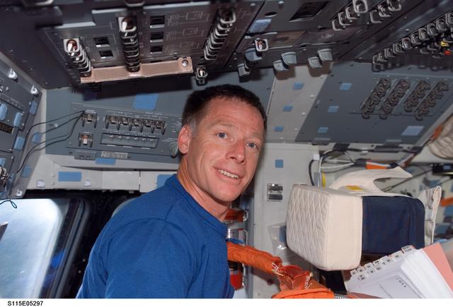 NASA image: STS-115 Pilot Ferguson on Atlantis Aft Flight Deck