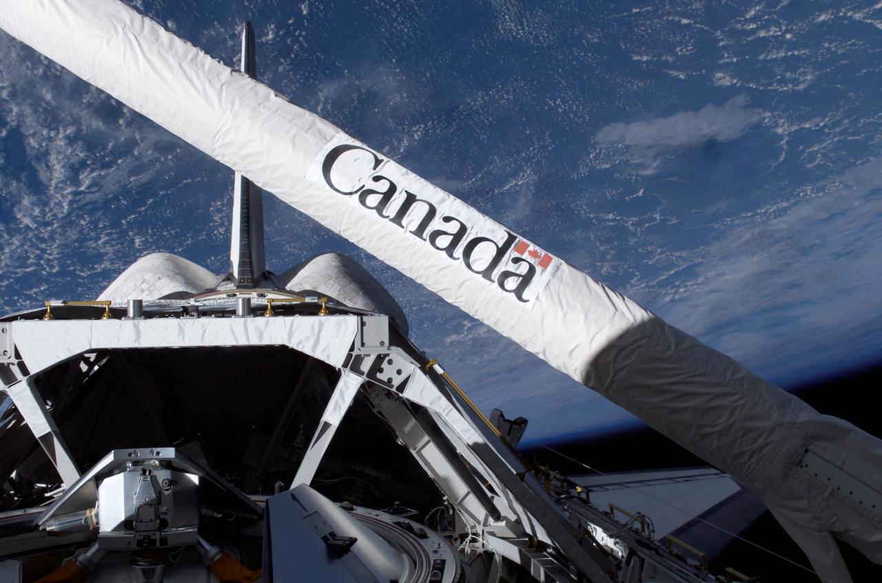 S115-E-05305 (10 Sept. 2006) --- While working to survey the thermal protection system on the Space Shuttle Atlantis, the orbiter boom sensor system (OBSS), attached to the remote manipulator system (RMS) arm was positioned near the shuttle's aft cabin windows. This enabled one of the STS-115 crewmembers to record this digital still image of the Canadian-built system and some of the hardware stowed in the payload bay of the shuttle, as well as the vertical stabilizer and the two orbital maneuvering system (OMS) pods.