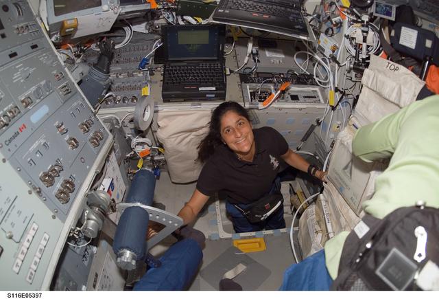 NASA image: STS-116 MS Williams in the hatch area on Space Shuttle Discovery