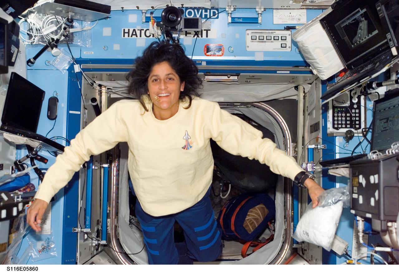 S116-E-05860 (12 Dec. 2006) --- Astronaut Sunita L. Williams, Expedition 14 flight engineer, smiles for the camera as she floats in the Destiny laboratory of the International Space Station during flight day four activities.