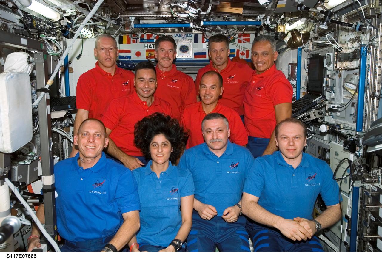S117-E-07686 (16 June 2007) --- The STS-117 and Expedition 15 crewmembers gather for a group portrait during a joint crew press conference in the Destiny laboratory of the International Space Station while Space Shuttle Atlantis was docked with the station. From the left (front row) are astronauts Clayton Anderson, Expedition 15 flight engineer; Sunita Williams, STS-117 mission specialist; cosmonauts Fyodor N. Yurchikhin and Oleg V. Kotov, Expedition 15 commander and flight engineer, respectively, representing Russia's Federal Space Agency. From the left (middle row) are astronauts Lee Archambault and Rick Sturckow, STS-117 pilot and commander, respectively. From the left (back row) are astronauts Patrick Forrester, Jim Reilly, Steven Swanson and John "Danny" Olivas, all STS-117 mission specialists. Shortly after the two spacecraft docked on June 10, Anderson became a member of the station crew. At the same time, Williams became an Atlantis crewmember for her ride home, completing more than six months in space.