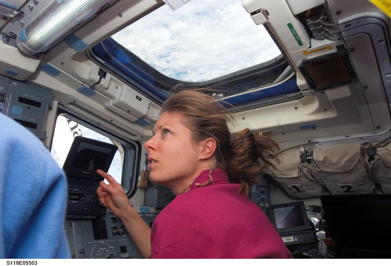 S118-E-05503 (9 Aug. 2007) --- Astronaut Tracy Caldwell, STS-118 mission specialist, works the controls on the aft flight deck of Space Shuttle Endeavour during flight day two activities.