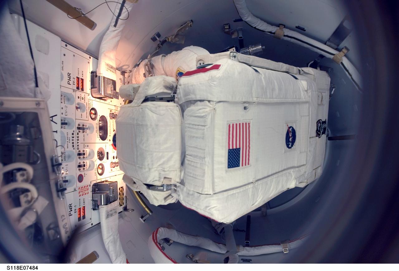 S118-E-07484 (13 Aug. 2007) --- Astronaut Rick Mastracchio, STS-118 mission specialist, prepares to exit the Quest Airlock of the International Space Station for the mission's second session of extravehicular activity (EVA) as construction and maintenance continue on the station.