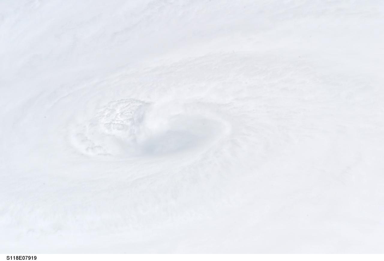 S118-E-07919 (18 Aug. 2007) --- A still photo close-up of the eye of Category 4 Hurricane Dean.  Crewmembers on the Space Shuttle Endeavour captured this image around Noon CDT of Hurricane Dean in the Caribbean.  At the time the shuttle and International Space Station passed overhead, the Category 4 storm was moving westerly at 17 mph nearing Jamaica carrying sustained winds of 150 mph.