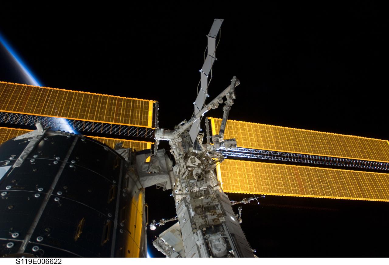 View of the Space Station Remote Manipulator System (SSRMS) on the Mobile Transporter (MT) for S6 Relocation OPS during STS-119 / Expedition 18 joint docked OPS. The MT is on the S1 Truss segment.