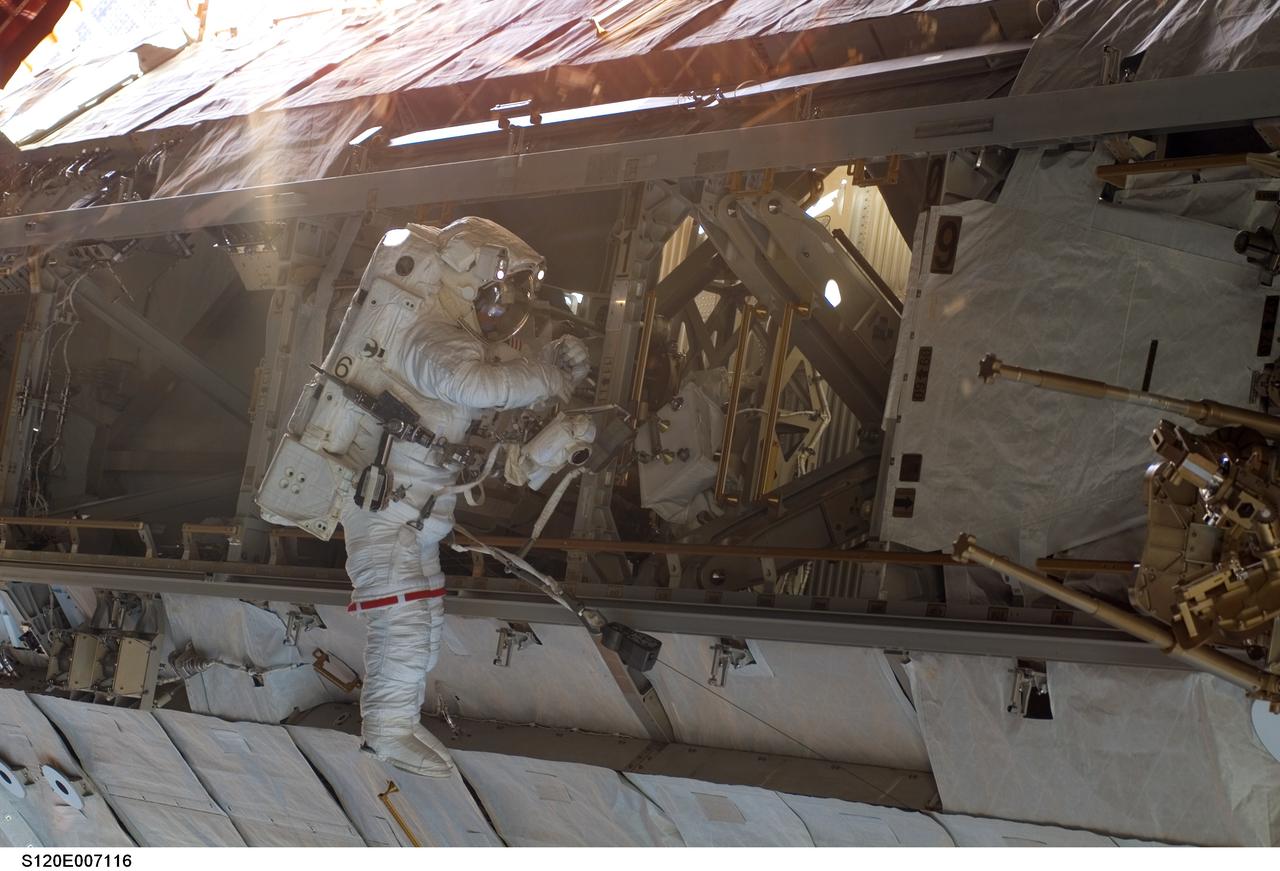 S120-E-007116 (28 Oct. 2007) --- Astronaut Daniel Tani, Expedition 16 flight engineer, participates in the second of five scheduled sessions of extravehicular activity (EVA) as construction continues on the International Space Station. During the 6-hour, 33-minute spacewalk Tani and astronaut Scott Parazynski (out of frame), STS-120 mission specialist, worked in tandem to disconnect cables from the P6 truss, allowing it to be removed from the Z1 truss. Tani also visually inspected the station's starboard Solar Alpha Rotary Joint (SARJ) and gathered samples of "shavings" he found under the joint's multi-layer insulation covers. Also the spacewalkers outfitted the Harmony module, mated the power and data grapple fixture and reconfigured connectors on the starboard 1 (S1) truss that will allow the radiator on S1 to be deployed from the ground later.