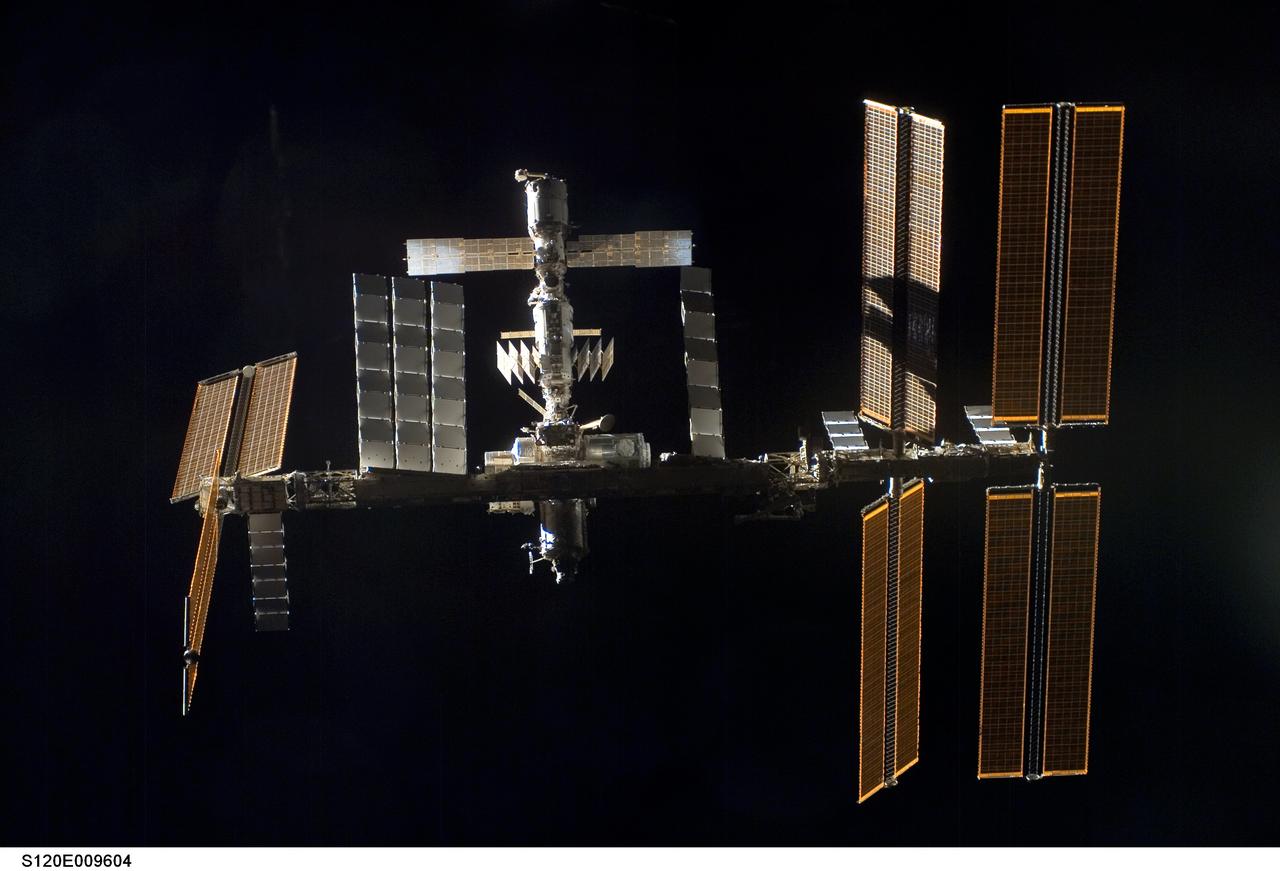 S120-E-009604 (5 Nov. 2007) --- Backdropped by the blackness of space, the International Space Station is seen from Space Shuttle Discovery as the two spacecraft begin their relative separation. Earlier the STS-120 and Expedition 16 crews concluded 11 days of cooperative work onboard the shuttle and station. Undocking of the two spacecraft occurred at 4:32 a.m. (CST) on Nov. 5, 2007.