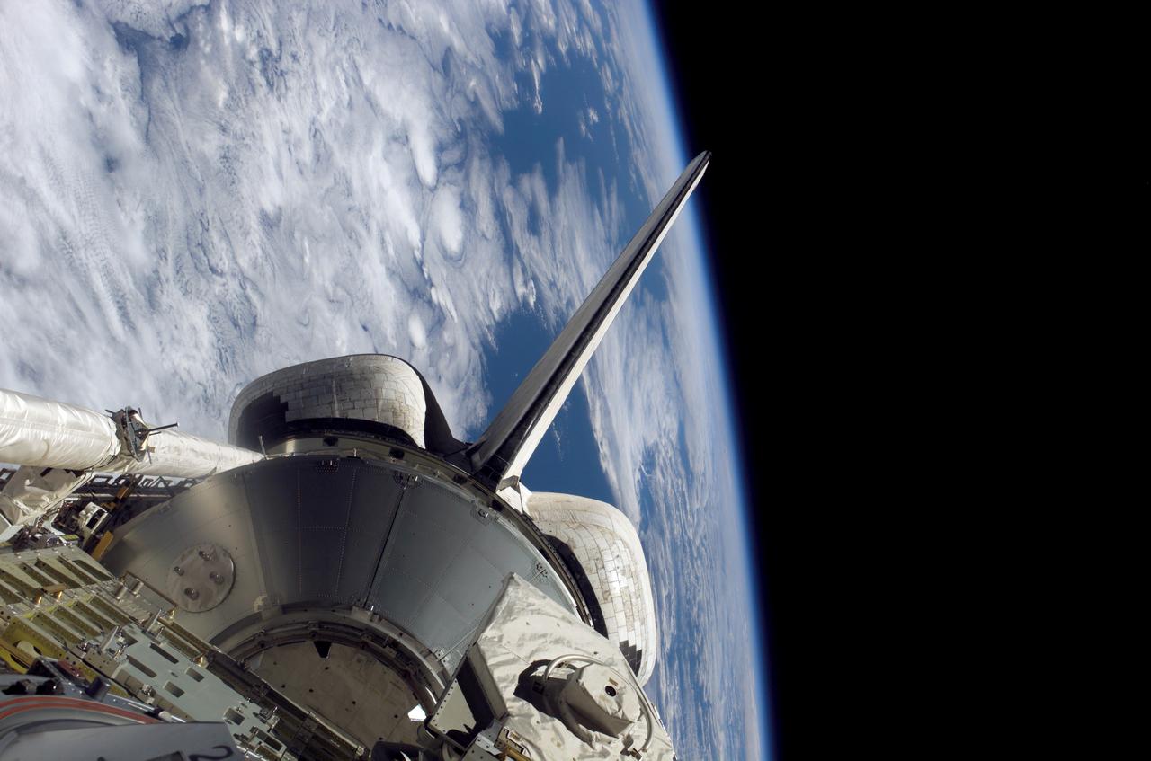 S121-E-07904 (15 July 2006) --- Backdropped by the blackness of space and Earth's horizon, Space Shuttle Discovery's aft cargo bay, its vertical stabilizer and orbital maneuvering system (OMS) pods are seen in this image photographed by an STS-121 crewmember onboard the shuttle. The Italian-built Leonardo Multi-Purpose Logistics Module (MPLM) is visible in the cargo bay.