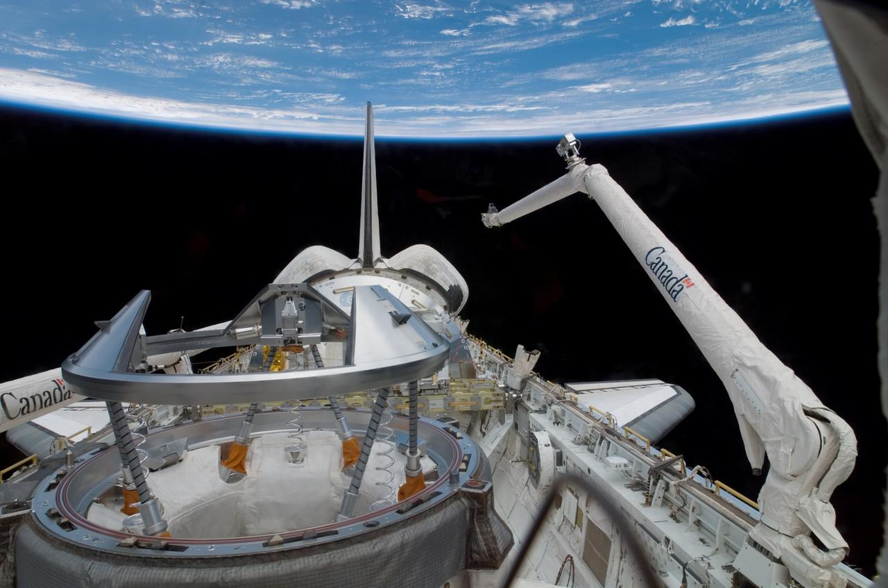 S122-E-006381 (8 Feb. 2008) --- Backdropped by the blackness of space and Earth's horizon, Atlantis' orbiter docking system (foreground) and the Canadarm Remote Manipulator System (RMS) in the payload bay are featured in this image photographed by a STS-122 crewmember during flight day two activities.
