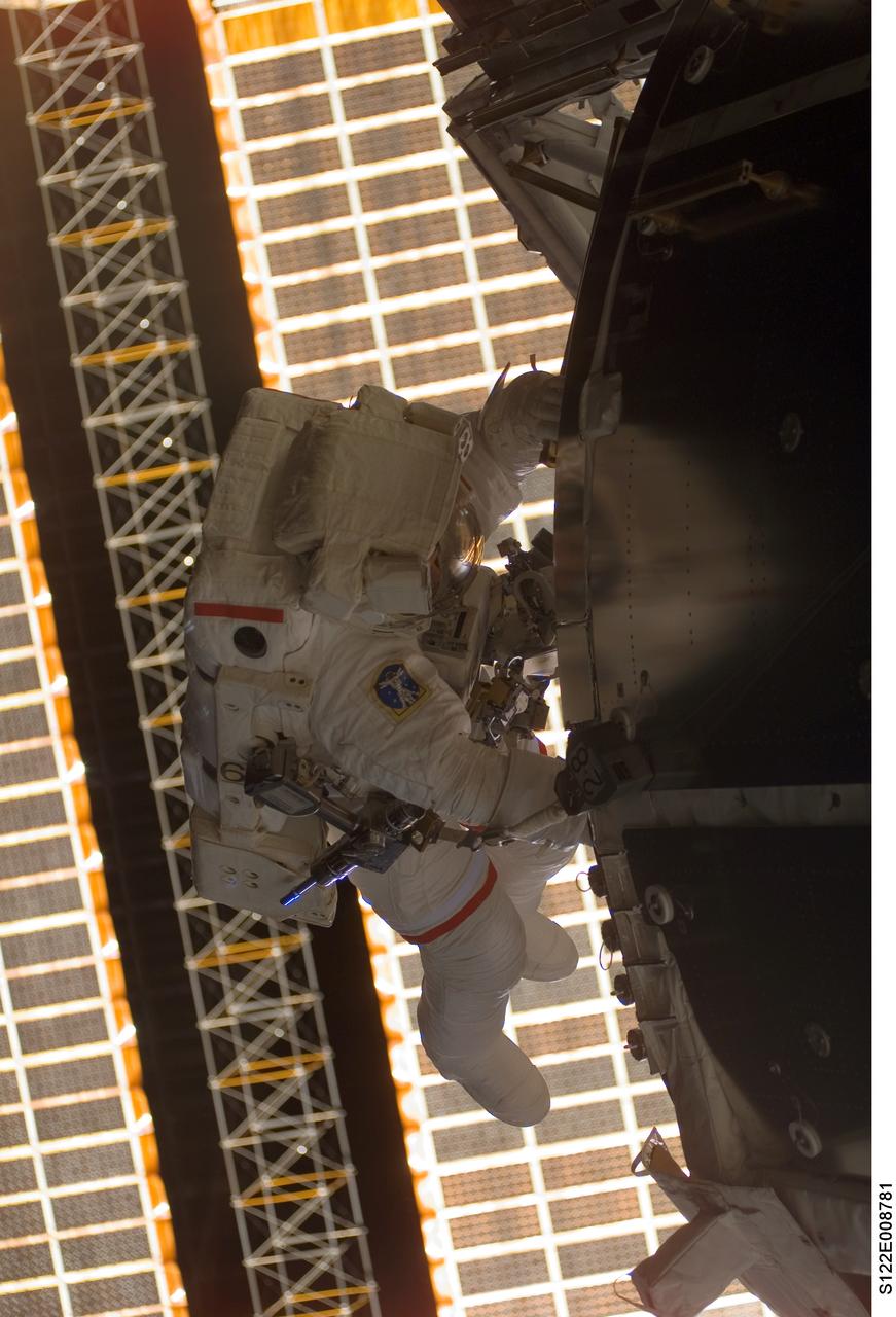 S122-E-008781 (15 Feb. 2008) --- Astronaut Rex Walheim, mission specialist, holds onto a handrail on the Columbus laboratory, the newest piece of hardware on the International Space Station. Astronaut Stanley Love (out of frame), mission specialist, shared this extravehicular activity with Walheim.