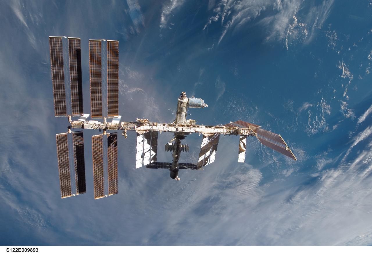 S122-E-009893 (18 Feb. 2008) --- Backdropped by a blue and white Earth, the International Space Station is seen from Space Shuttle Atlantis as the two spacecraft begin their relative separation. Earlier the STS-122 and Expedition 16 crews concluded almost nine days of cooperative work onboard the shuttle and station. Undocking of the two spacecraft occurred at 3:24 a.m. (CST) on Feb. 18, 2008.