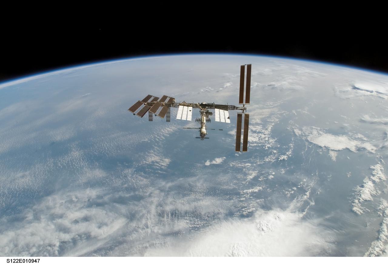 S122-E-010947 (18 Feb. 2008) --- Backdropped by Earth's horizon and the blackness of space, the International Space Station is seen from Space Shuttle Atlantis as the two spacecraft begin their relative separation. Earlier the STS-122 and Expedition 16 crews concluded almost nine days of cooperative work onboard the shuttle and station. Undocking of the two spacecraft occurred at 3:24 a.m. (CST) on Feb. 18, 2008.