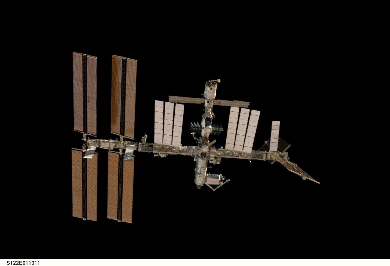 S122-E-011011 (18 Feb. 2008) --- Backdropped by the blackness of space, the International Space Station is seen from Space Shuttle Atlantis as the two spacecraft begin their relative separation. Earlier the STS-122 and Expedition 16 crews concluded almost nine days of cooperative work onboard the shuttle and station. Undocking of the two spacecraft occurred at 3:24 a.m. (CST) on Feb. 18, 2008.