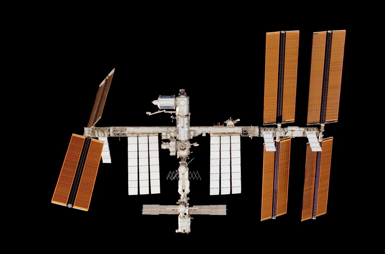 S122-E-011027 (18 Feb. 2008) --- Backdropped by the blackness of space, the International Space Station is seen from Space Shuttle Atlantis as the two spacecraft begin their relative separation. Earlier the STS-122 and Expedition 16 crews concluded almost nine days of cooperative work onboard the shuttle and station. Undocking of the two spacecraft occurred at 3:24 a.m. (CST) on Feb. 18, 2008.