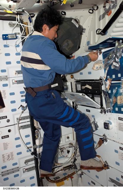 NASA image: Doi looks through food locker in the MDDK during STS-123 mission