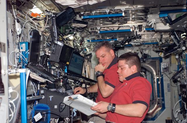 NASA image: STS-123 Crewmembers work in the U.S. Laboratory/Destiny