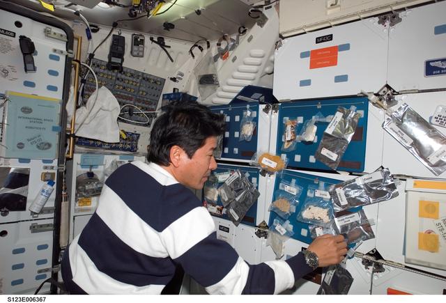 NASA image: Doi looks at food packages in the FWD MDDK during Joint Operations
