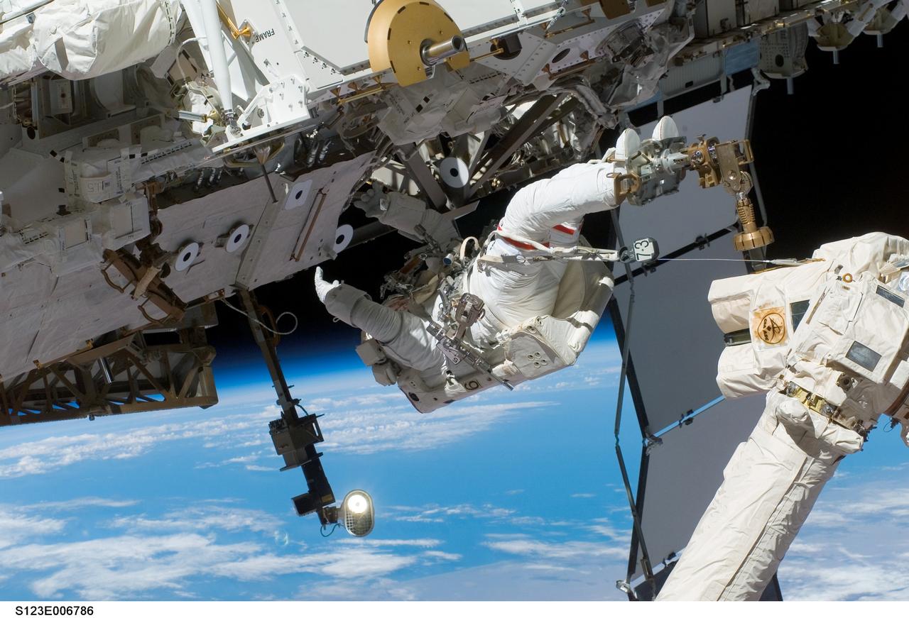 S123-E-006786 (15/16 March 2008) --- Astronaut Rick Linnehan, STS-123 mission specialist, participates in the mission's second scheduled session of extravehicular activity (EVA) as construction and maintenance continue on the International Space Station. During the 7-hour, 8-minute spacewalk, Linnehan and astronaut Mike Foreman (out of frame), mission specialist, assembled the stick-figure-shaped Dextre, also known as the Special Purpose Dextrous Manipulator (SPDM), a task that included attaching its two arms. Designed for station maintenance and service, Dextre is capable of sensing forces and movement of objects it is manipulating. It can automatically compensate for those forces and movements to ensure an object is moved smoothly. Dextre is the final element of the station's Mobile Servicing System. The blackness of space and Earth's horizon provide the backdrop for the scene.