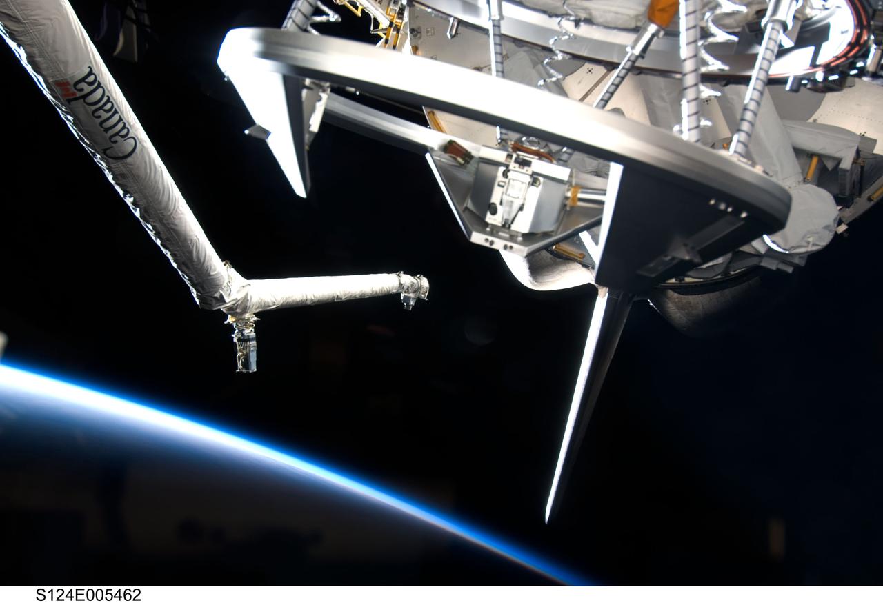 S124-E-005462 (1 June 2008) --- Space Shuttle Discovery's Remote Manipulator System (RMS), docking mechanism, vertical stabilizer and orbital maneuvering system (OMS) pods are featured in this image photographed by a STS-124 crewmember during flight day two activities. The blackness of space and Earth's horizon provide the backdrop for the scene.
