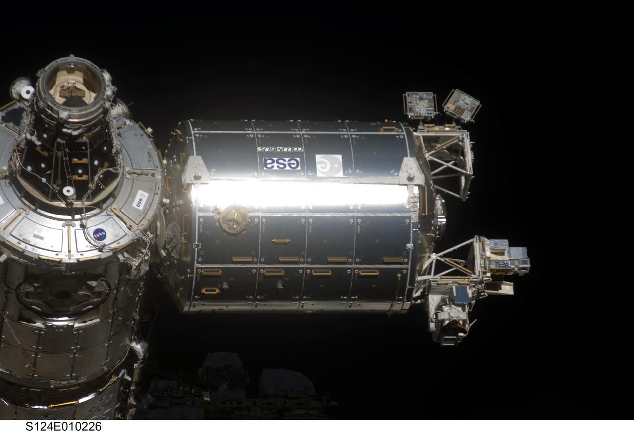 S124-E-010226 (11 June 2008) --- The forward and zenith sides of the Pressurized Mating Adapter 2 (PMA-2), Harmony node and Columbus laboratory with the Sun Monitoring on the External Payload Facility of Columbus (SOLAR), European Technology Exposure Facility (EuTEF) and Materials International Space Station Experiment (MISSE) payloads are photographed from Space Shuttle Discovery as the two spacecraft begin their relative separation. Earlier the STS-124 and Expedition 17 crews concluded almost nine days of cooperative work onboard the shuttle and station. Undocking of the two spacecraft occurred at 6:42 a.m. (CDT) on June 11, 2008.