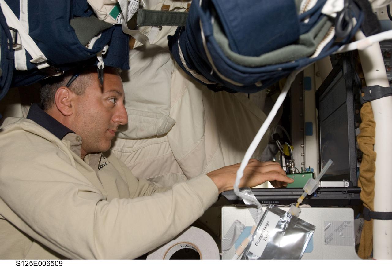 S125-E-006509 (12 May 2009) --- Astronaut Mike Massimino, STS-125 mission specialist, uses a computer on the middeck of the Earth-orbiting Space Shuttle Atlantis during flight day two activities.