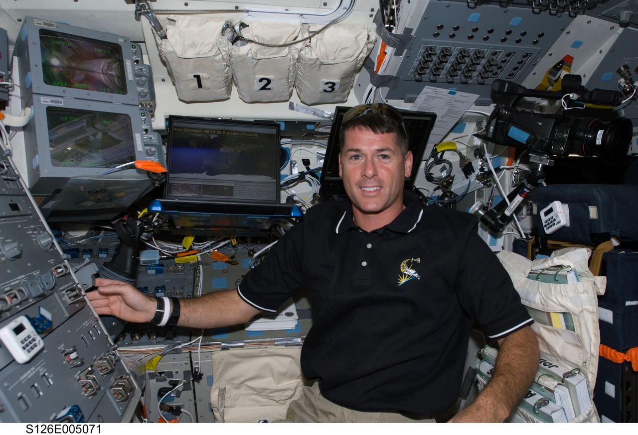 S126-E-005071 (15 Nov. 2008) --- On Endeavour's aft flight deck, astronaut Shane Kimbrough, STS-126 mission specialist, is one of seven astronauts onboard the space shuttle who are anticipating rendezvous Nov. 16 with the International Space Station.