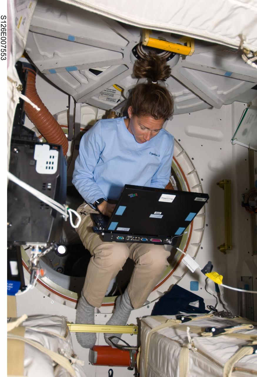 S126-E-007553 (15 Nov. 2008) --- Astronaut Sandra Magnus, STS-126 mission specialist, uses a computer on the middeck of Space Shuttle Endeavour during flight day two activities.