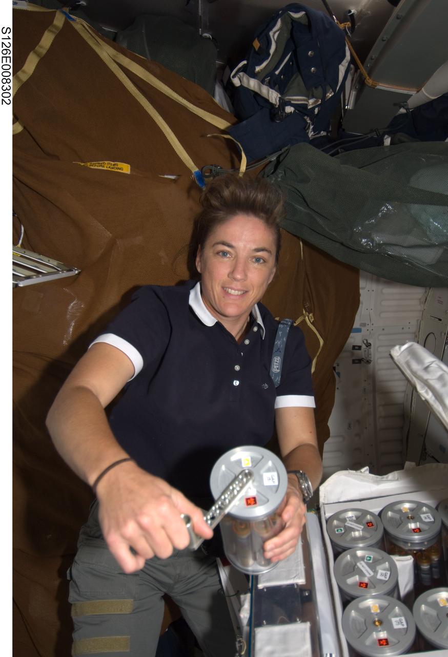 S126-E-008302 (19 Nov. 2008) --- Astronaut Heidemarie M. Stefanyshyn-Piper, STS-126 mission specialist, works with the Microbe Group Activation Pack containing eight Fluid Processing Apparatuses on the middeck of Space Shuttle Endeavour while docked with the International Space Station.