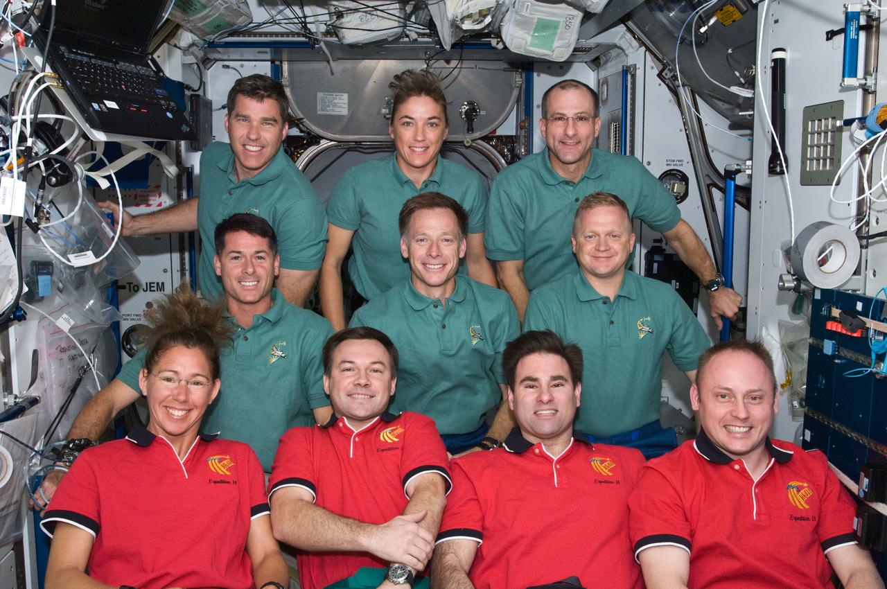 S126-E-008859 (21 Nov. 2008) --- Following a space-to-Earth press conference, members of the International Space Station and Space Shuttle Endeavour crews posed for a group portrait on the orbital outpost. From left, bottom row, are astronaut Sandra Magnus, cosmonaut Yury Lonchakov, and astronauts Gregory Chamitoff and Michael Fincke.  From left, middle row, are astronauts Shane Kimbrough, Chris Ferguson and Eric Boe.  From left, top row, are astronauts Steve Bowen, Heidemarie Stefanyshyn-Piper and Donald Pettit.