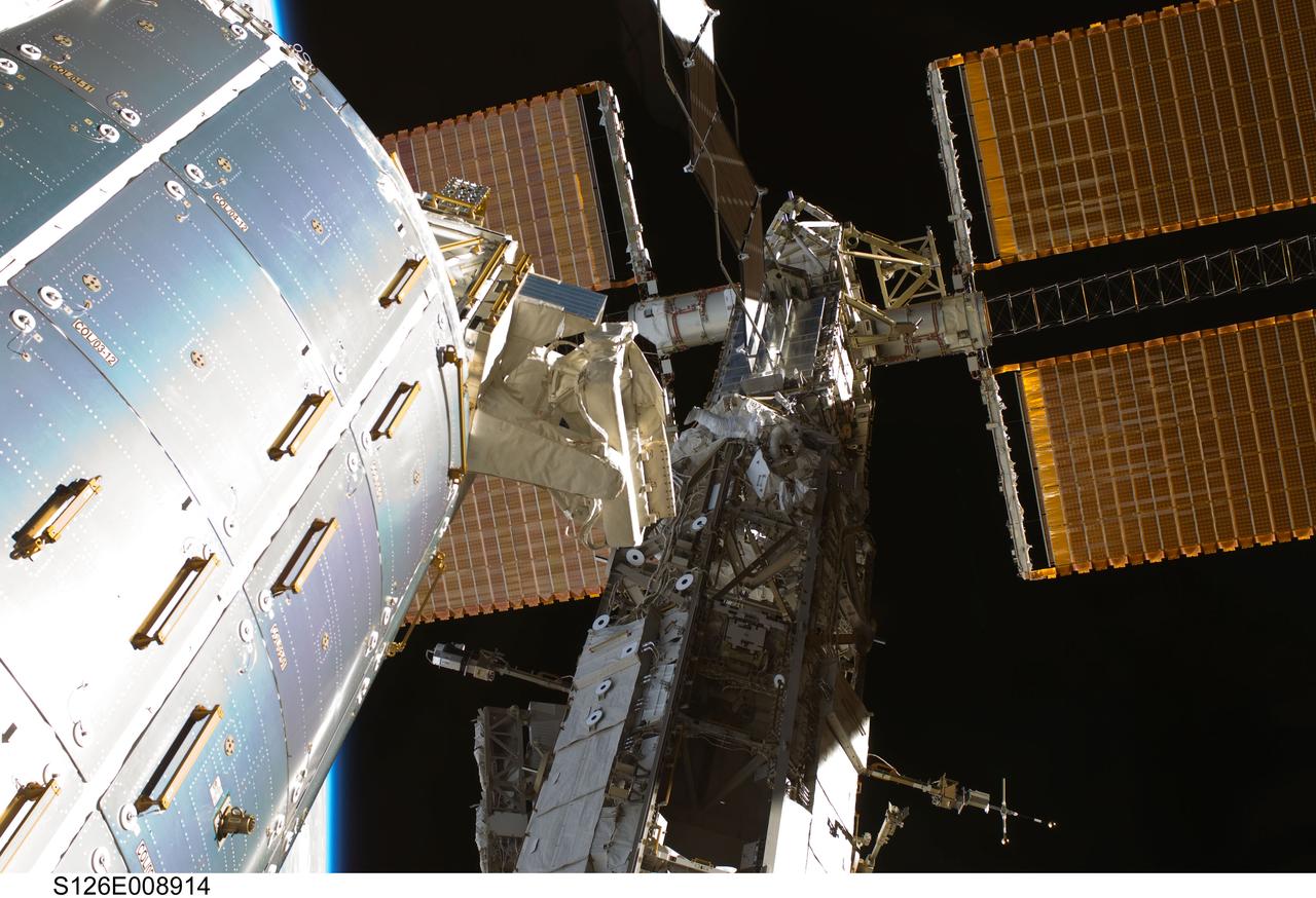S126-E-008914 (22 Nov. 2008) --- Astronaut Steve Bowen, STS-126 mission specialist, participates in the mission's third scheduled session of extravehicular activity (EVA) as construction and maintenance continue on the International Space Station. During the six-hour, 57-minute spacewalk, Bowen and astronaut Heidemarie Stefanyshyn-Piper (out of frame), mission specialist, focused their efforts on the continued cleaning of the station's starboard solar alpha rotary joint (SARJ) and the removal and replacement of trundle bearing assemblies (TBA). Bowen and Piper also cleaned the area around the SARJ's drive lock assemblies, which help the joint to rotate and lock into place.