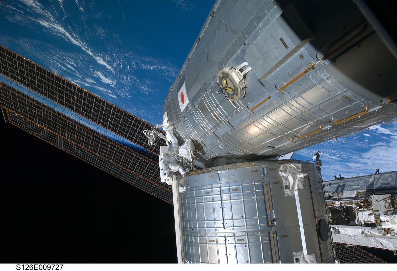 S126-E-009727 (24 Nov. 2008) --- Astronaut Steve Bowen, STS-126 mission specialist, participates in the mission's fourth and final scheduled session of extravehicular activity (EVA) as construction and maintenance continue on the International Space Station. During the six-hour, seven-minute spacewalk, Bowen and astronaut Shane Kimbrough (out of frame), mission specialist, completed the lubrication of the port Solar Alpha Rotary Joints (SARJ) as well as other station assembly tasks. Bowen returned to the starboard SARJ to install the final trundle bearing assembly, retracted a berthing mechanism latch on the Japanese Kibo Laboratory and reinstalled its thermal cover. Bowen also installed a video camera on the Port 1 truss and attached a Global Positioning System antenna on the Japanese Experiment Module Pressurized Section.