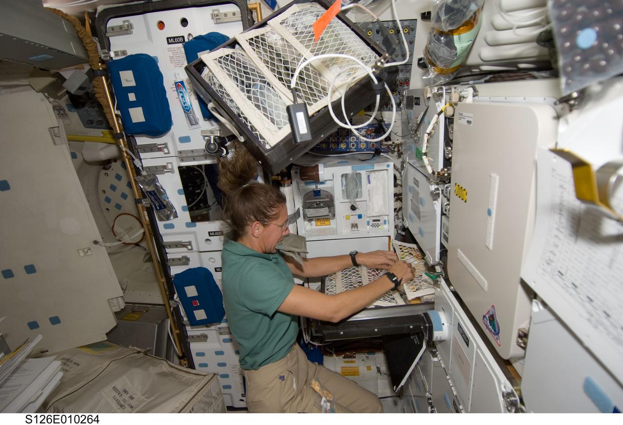 S126-E-010264 (24 Nov. 2008) --- Astronaut Sandra Magnus, Expedition 18 flight engineer, makes her selection for a meal at the galley on the middeck of Space Shuttle Endeavour (STS-126) while docked with the International Space Station.