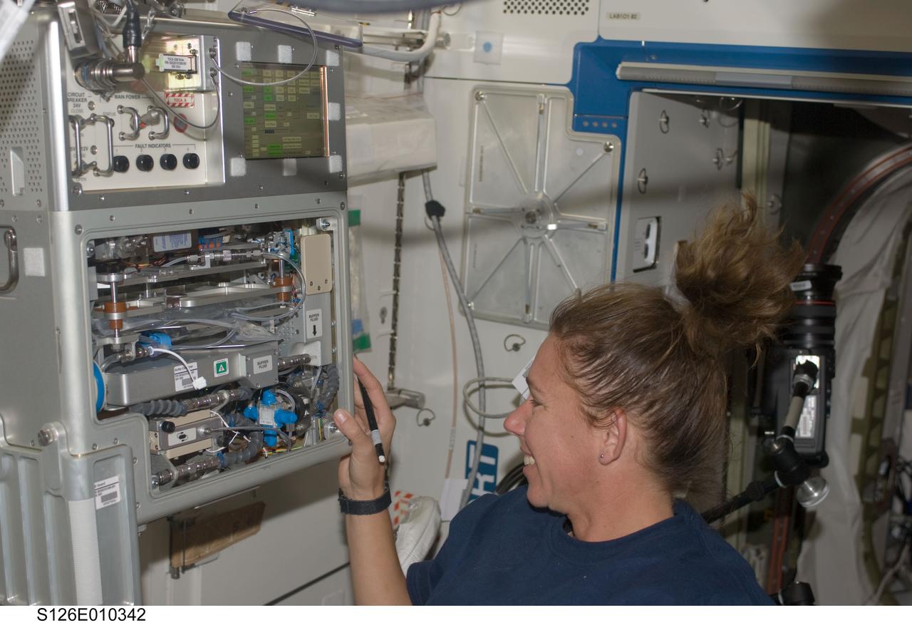 S126-E-010342 (25 Nov. 2008) --- Astronaut Sandra Magnus, Expedition 18 flight engineer, works with the Total Organic Carbon Analyzer (TOCA) in the Destiny laboratory of the International Space Station while Space Shuttle Endeavour (STS-126) remains docked with the station.