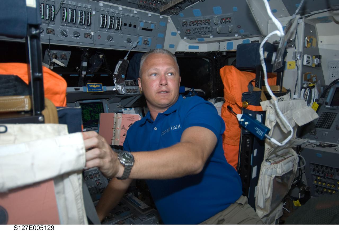 S127-E-005129 (15 July 2009) --- Astronaut Doug Hurley, STS-127 pilot, is pictured on the flight deck of Space Shuttle Endeavour during flight day one activities.