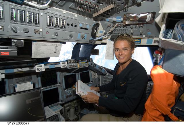 Payette in the FWD FD during docking activities of Space Shuttle Endeavour