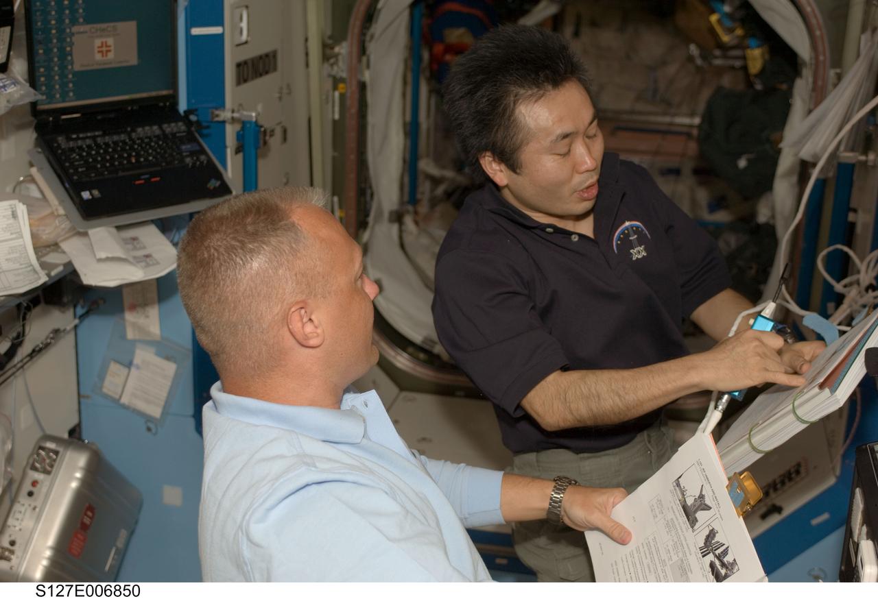 S127-E-006850 (18 July 2009) --- Japanese Aerospace Exploration Agency (JAXA) astronaut Koichi Wakata (right), Expedition 19/20 flight engineer, and astronaut Doug Hurley, STS-127 pilot, share intravehicular support to the first two spacewalkers who will be performing work on the International Space Station over the next week. When the Endeavour crew returns to Earth, Wakata will accompany it, having completed his current flight engineer duty during the STS-127 visit.