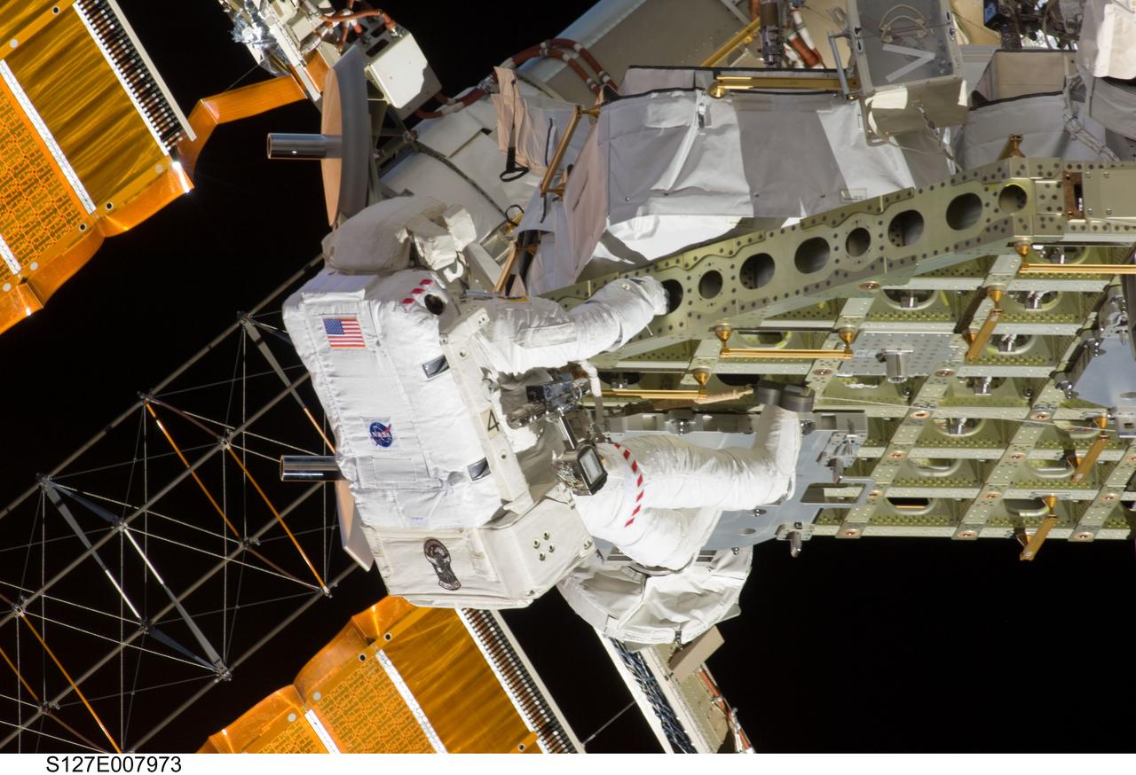 S127-E-007973 (22 July 2009) --- Astronaut Christopher Cassidy, STS-127 mission specialist, participates in Endeavour's third space walk of a scheduled five overall for this flight. Cassidy is working with the Integrated Cargo Carrier. This was Cassidy's first of a scheduled three sessions for him. Astronaut Dave Wolf, Cassidy's EVA colleague, is out of frame.