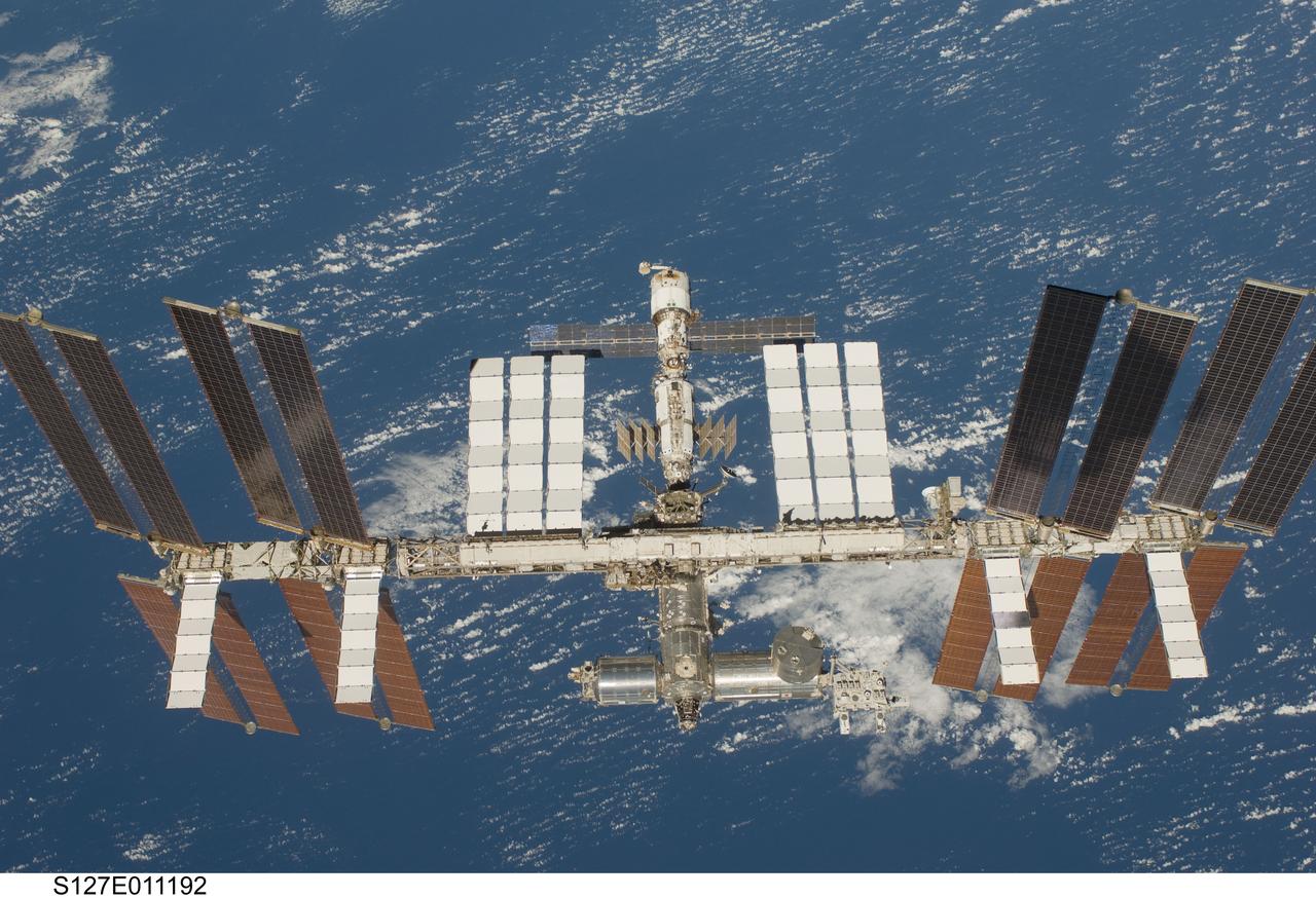 S127-E-011192 (28 July 2009) --- Backdropped by a blue and white Earth, the International Space Station is seen from Space Shuttle Endeavour as the two spacecraft begin their relative separation. Earlier the STS-127 and Expedition 20 crews concluded 11 days of cooperative work onboard the shuttle and station. Undocking of the two spacecraft occurred at 12:26 p.m. (CDT) on July 28, 2009.