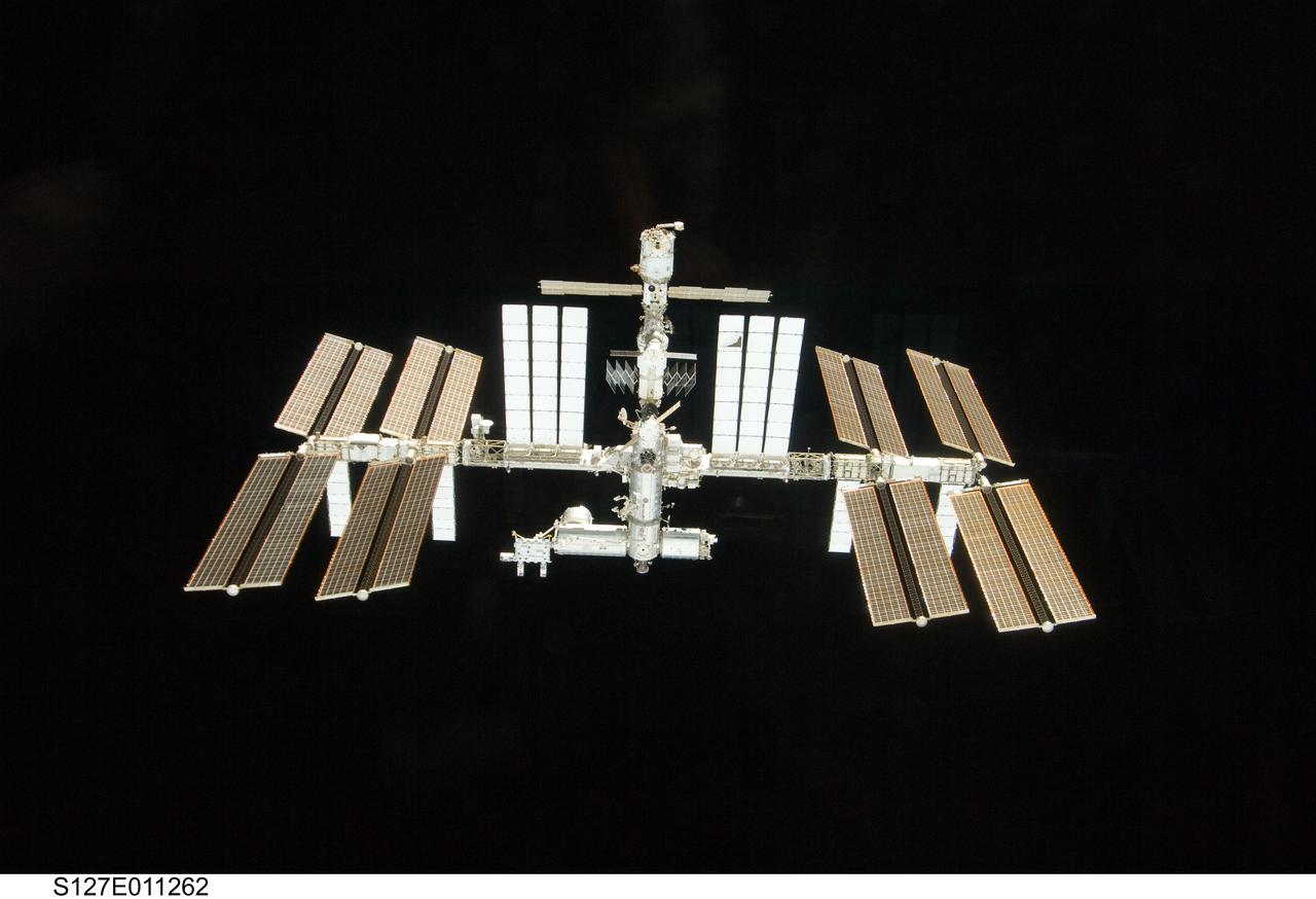 S127-E-011262 (28 July 2009) --- Backdropped by the blackness of space, the International Space Station is seen from Space Shuttle Endeavour as the two spacecraft begin their relative separation. Earlier the STS-127 and Expedition 20 crews concluded 11 days of cooperative work onboard the shuttle and station. Undocking of the two spacecraft occurred at 12:26 p.m. (CDT) on July 28, 2009.
