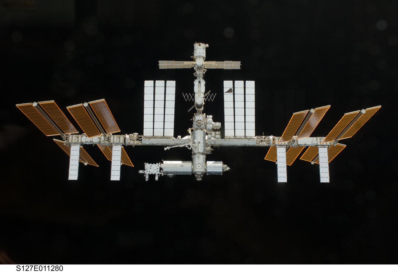 S127-E-011280 (28 July 2009) --- Backdropped by the blackness of space, the International Space Station is seen from Space Shuttle Endeavour as the two spacecraft begin their relative separation. Earlier the STS-127 and Expedition 20 crews concluded 11 days of cooperative work onboard the shuttle and station. Undocking of the two spacecraft occurred at 12:26 p.m. (CDT) on July 28, 2009.