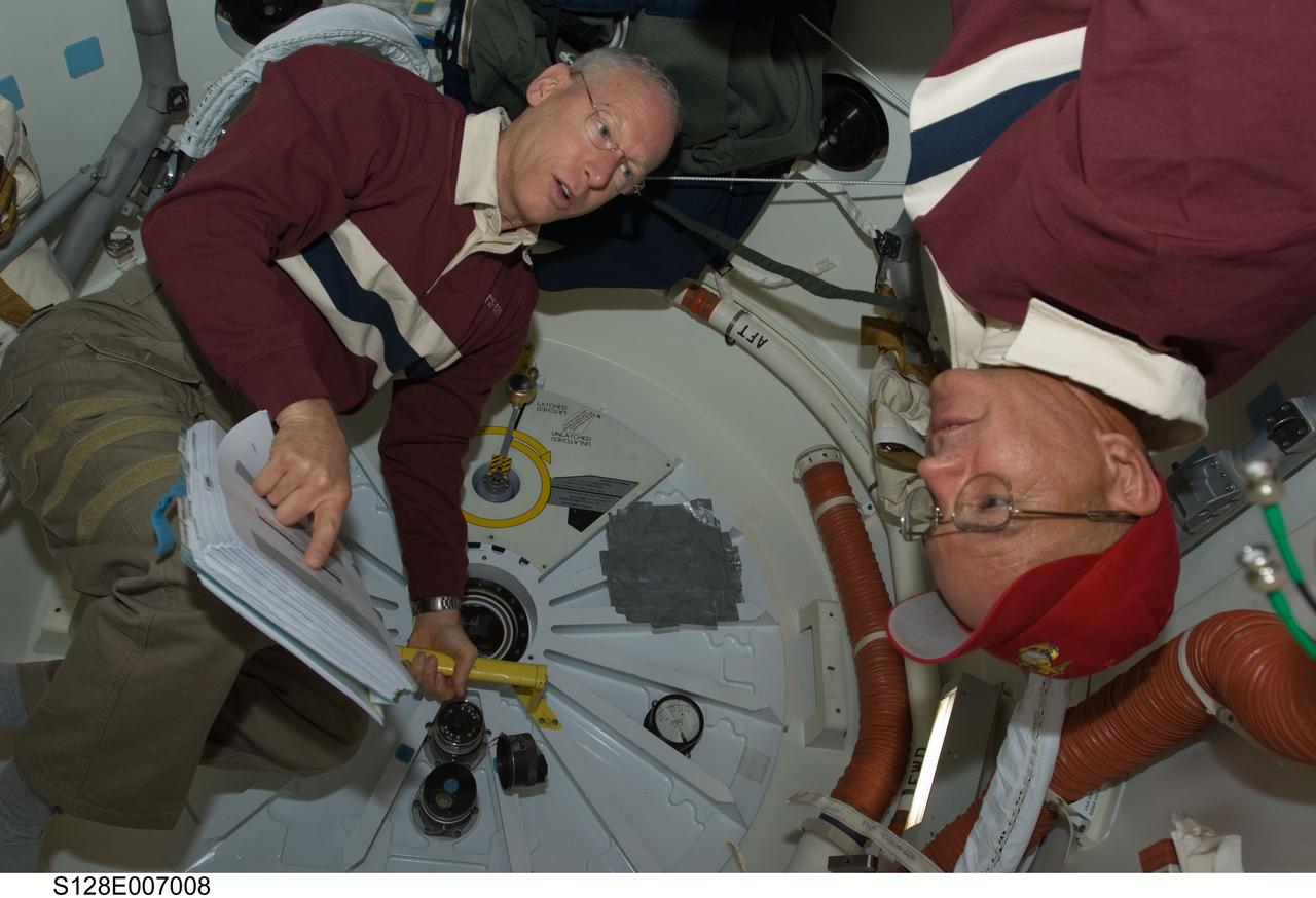 S128-E-007008 (30 Aug. 2009) --- Astronauts Rick Sturckow (right), STS-128 commander; and Patrick Forrester, mission specialist, are pictured near the hatch on the middeck of Space Shuttle Discovery after docking with the International Space Station. The two spacecraft docked at 7:54 p.m. (CDT), and the Discovery crew entered the orbital outpost at 9:59 p.m. (CDT) on Aug. 30.