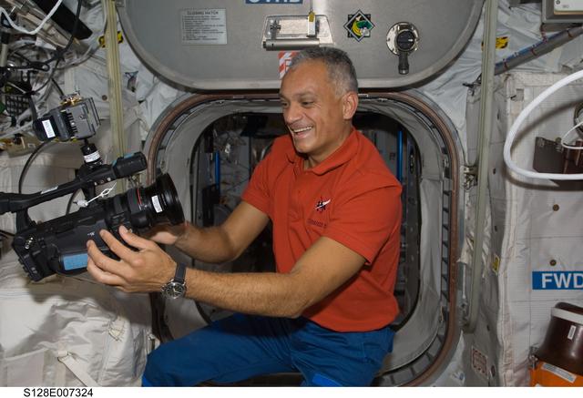 NASA image: Olivas in European Laboratory Columbus with Video Camera