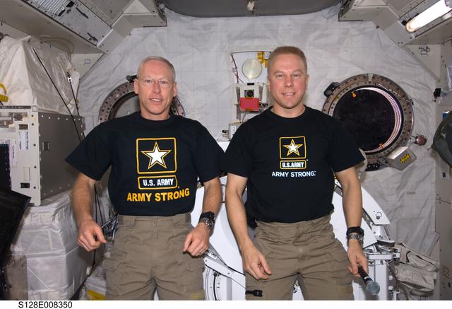 NASA image: Forrester and Kopra pose in Army T-shirts in JEM
